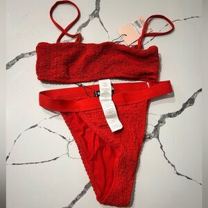 Red Textured Bikini Set
